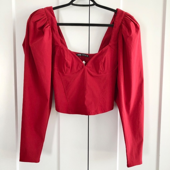 Zara,‎ Red, Long Puffy Sleeves, With Pleats, Fitted, Crop Top, NEW, Size, Small - Picture 1 of 12